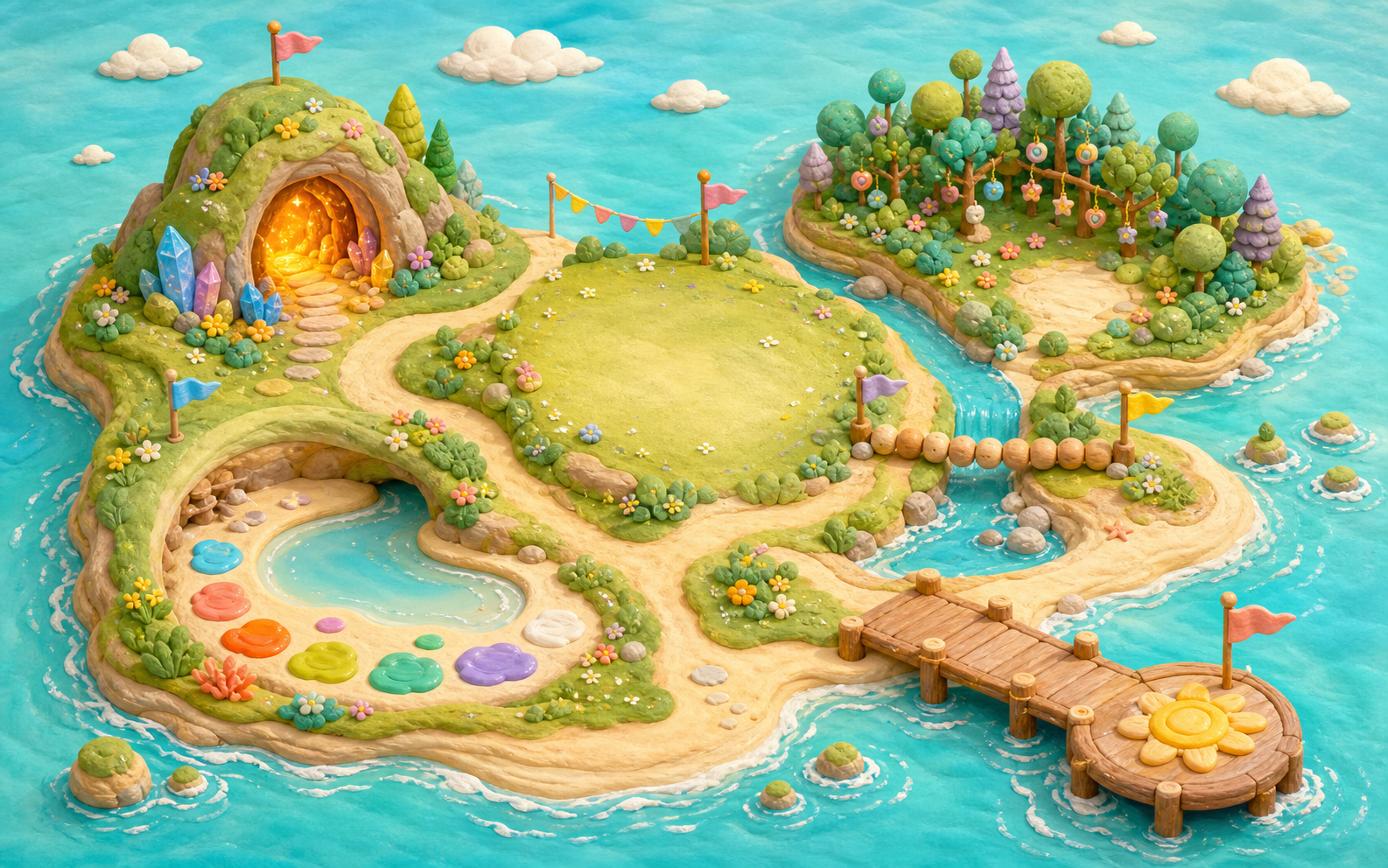 Illustrated Kids Island map with a glowing cave, colourful clay bay, charm forest, bead bridge, sunny pier and maker meadow